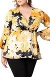 Kiyonna Floral Print Bell Sleeve Blouse In Sunset Blooms
