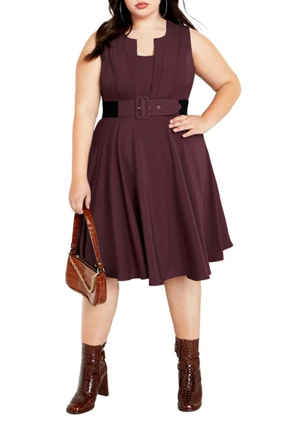 City Chic Veronica Belted Sleeveless A-line Dress In Bordeaux