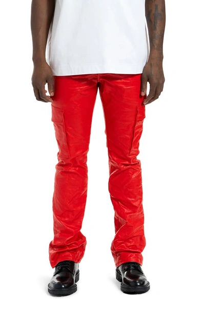 Purple Brand Patent Film Coated Bootcut Cargo Pants In Red