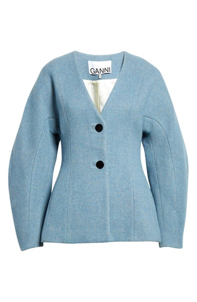 Ganni Curved-sleeve Recycled Wool-blend Twill Blazer In Blue