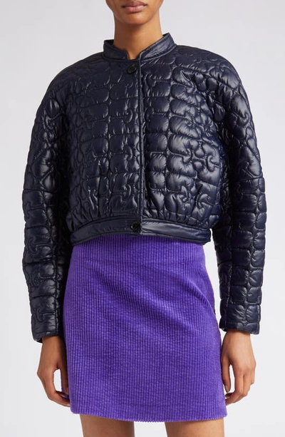 Ganni Logo Quilted Recycled Nylon Jacket In Blue