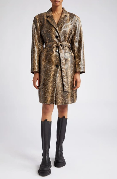 Ganni Snakeskin Print Belted Coat In Brown