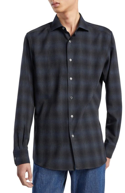 Zegna Men's Cashco Shadow Plaid Casual Button-down Shirt In Dark Grey/black