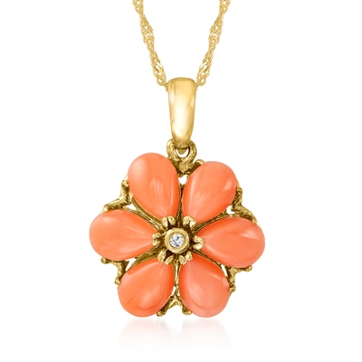 Ross-simons Coral Flower Pendant Necklace With Diamond Accent In 14kt Yellow Gold In Orange