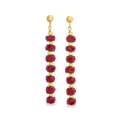 Ross-simons Ruby Bead Linear Drop Earrings In 14kt Yellow Gold In Red
