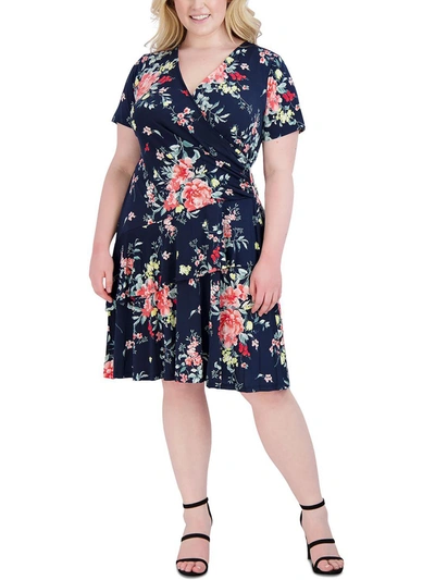Signature By Robbie Bee Plus Womens Tiered Floral Wear To Work Dress In Black