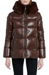 The Recycled Planet Company Water Resistant Nylon Down Puffer Coat With Faux Fur Trim In Dark Coffee