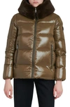The Recycled Planet Company Water Resistant Nylon Down Puffer Coat With Faux Fur Trim In Olive