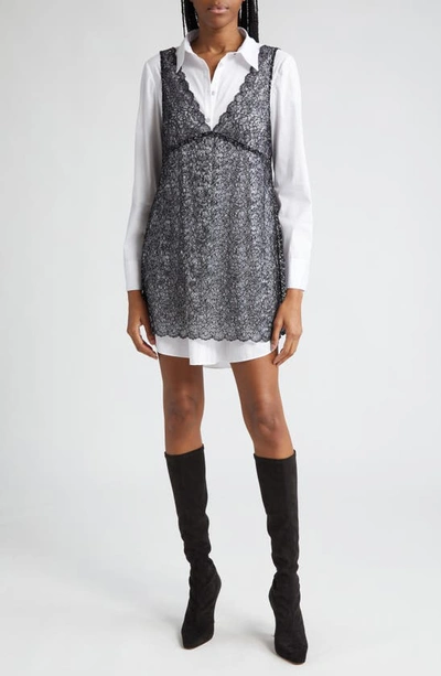 Cinq À Sept Catilina Combo Lace Shirting Mini Dress In Black/white