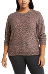 Loveappella Loveapella Brushed Leopard Print Long Sleeve Crewneck Top In Mauve/ Black
