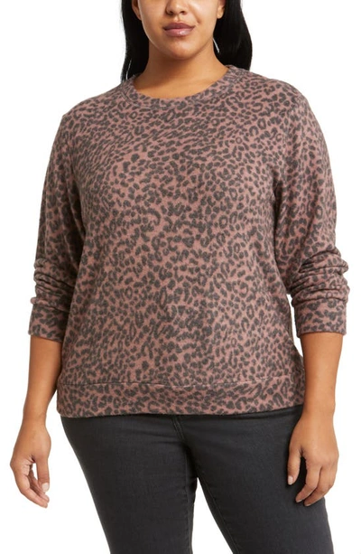 Loveappella Loveapella Brushed Leopard Print Long Sleeve Crewneck Top In Mauve/ Black