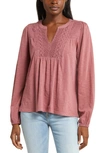 LUCKY BRAND LACE PINTUCK YOKE COTTON PEASANT TOP