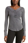 Lucky Brand Lace Detail Cotton Rib Henley Top In Asphalt