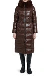 The Recycled Planet Company Lexi Water Resistant Hooded Nylon Down Puffer Coat With Faux Fur Trim In Dark Coffee