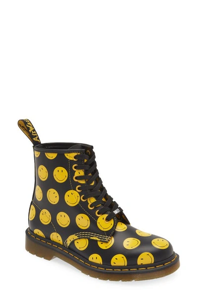 Dr. Martens' 1460 Smiley® Smooth Leather Lace Up Boots In Schwarz/gelb