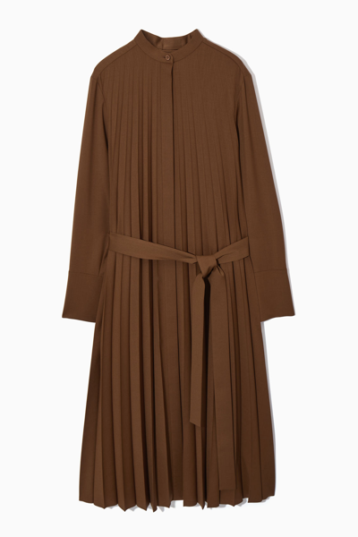 Cos Pleated Wool-blend Shirt Dress In Brown