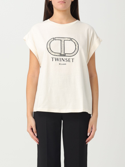 Twinset Logo-embroidered Cotton T-shirt In Yellow Cream