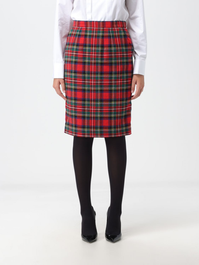 Saint Laurent Tartan Pencil Skirt In Red