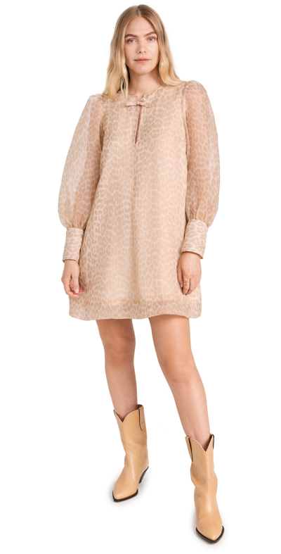 Ganni Leopard-print Organza A-line Dress In Neutrals