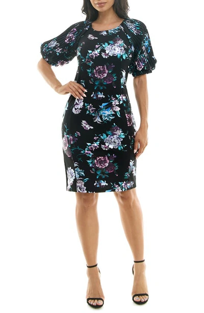 Nina Leonard Floral Puff Sleeve Dress In Black/ Lavender Multi