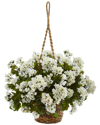 Nearly Natural Geranium Hanging Basket Artificial Plant Uv Resistant (indoor/outdoor) In White