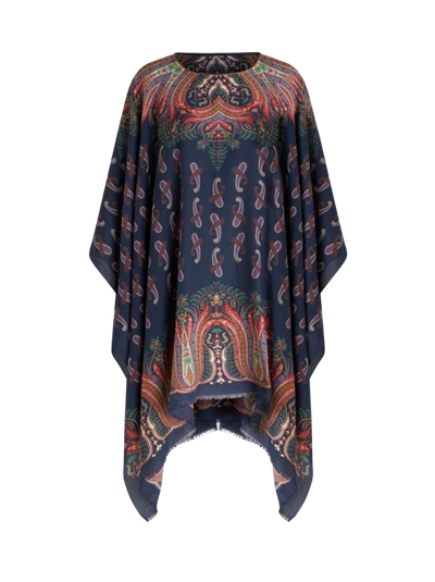 Etro Paisley Design Cape In Navy Blue