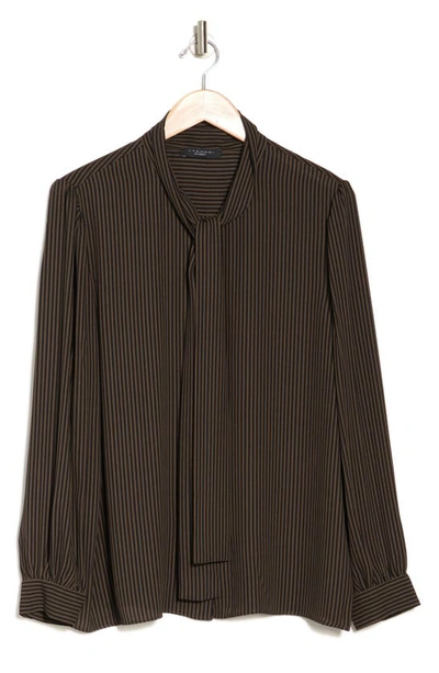 T Tahari Tie Neck Button-up Shirt In Olive/ Black Stripe