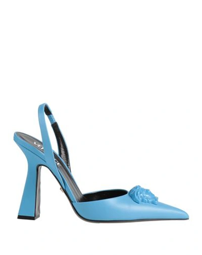 Versace Woman Pumps Azure Size 11 Soft Leather In Blue