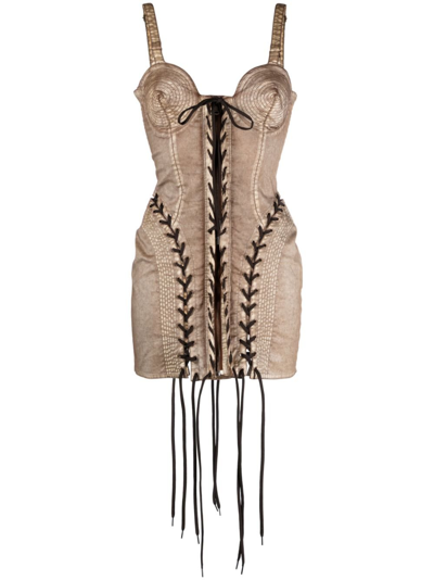 JEAN PAUL GAULTIER X KNWLS BROWN CONICAL LACED MINI DRESS