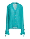 120% Lino Woman Cardigan Turquoise Size S Cashmere, Mohair Wool, Wool, Polyamide In Blue