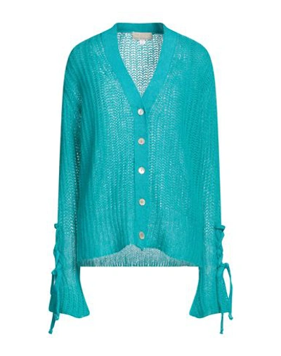 120% Lino Woman Cardigan Turquoise Size S Cashmere, Mohair Wool, Wool, Polyamide In Blue