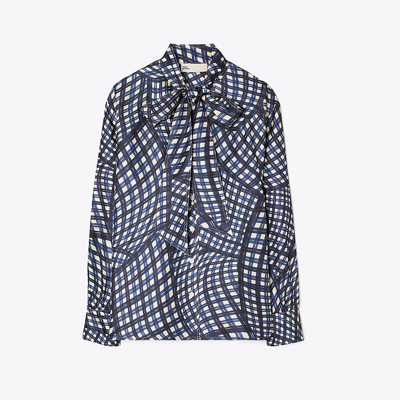 Tory Burch Printed Silk Twill Bow Blouse In Navy Warped Gingham