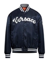 Versace Logo Embroidered Buttoned Jacket In Blue