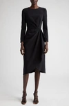 CAROLINA HERRERA PLEATED LONG SLEEVE TULIP MIDI DRESS