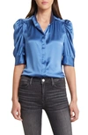 Frame Gillian Silk Ruched Sleeve Top In Blue