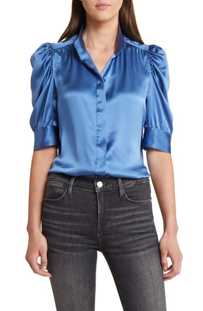 Frame Gillian Silk Ruched Sleeve Top In Blue