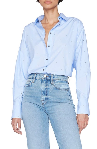 Frame Rhinestone Oversize Organic Cotton Button-up Shirt In Blue