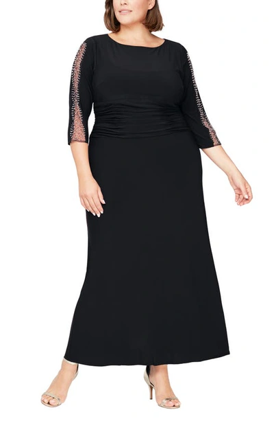 SL FASHIONS SL FASHIONS EMBELLISHED SLEEVE RUCHED GOWN