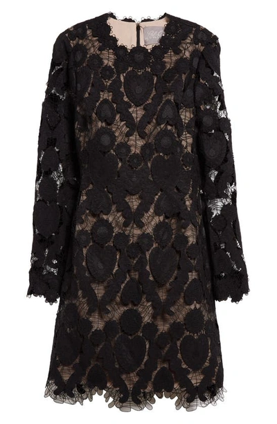 Lela Rose Hearts & Flowers Long Sleeve Lace Dress In Black