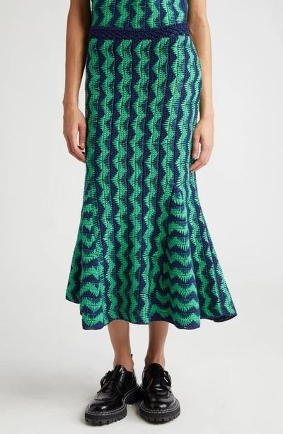 Wales Bonner Ocean Crochet-knit Midi Skirt In Green And Navy