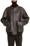 The Row Kengia Leather Bomber Jacket In Brown