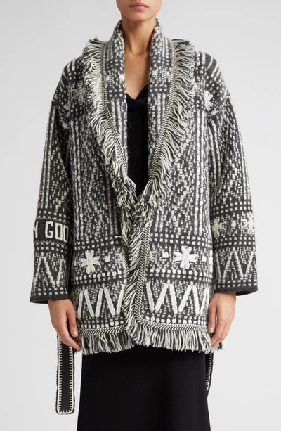 Golden Goose Belted Fringe Wool Cardigan In Gray