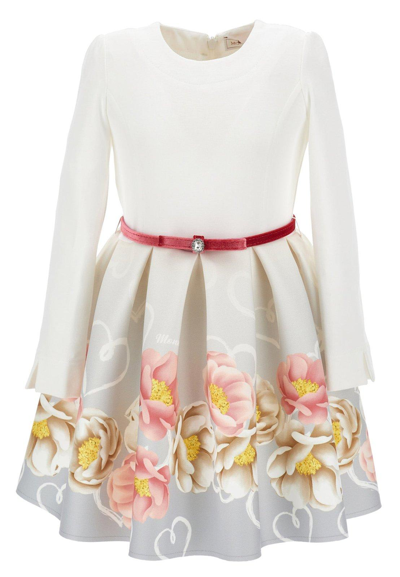 Monnalisa Kids' Floral-print Belted Dress In White