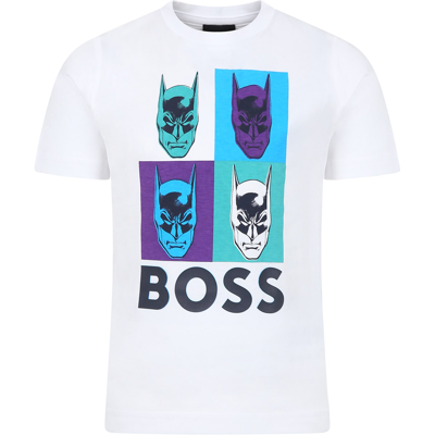 Hugo Boss Kids' White T-shirt For Boy With Batman Print In Bianco