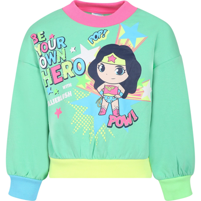 Billieblush Kids' Green Swetshirt For Girl With Wonder Woman Print In Light Green