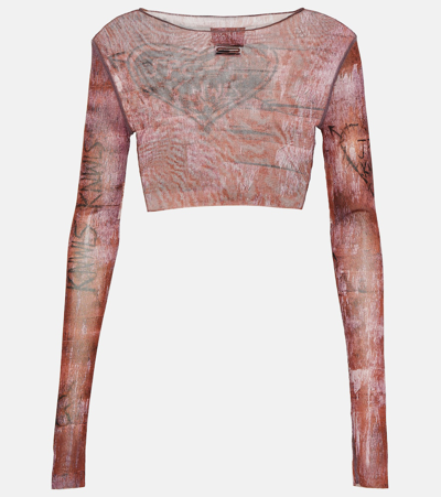 Jean Paul Gaultier X Knwls Printed Mesh Crop Top In Pink