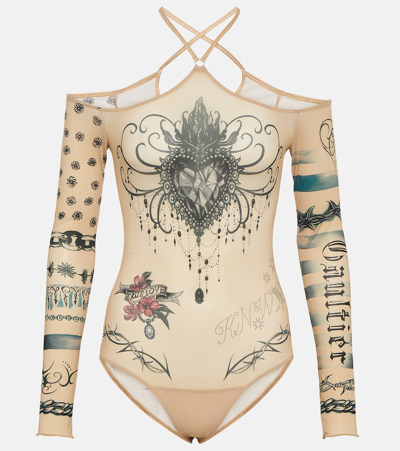 Jean Paul Gaultier Tattoo-print Long-sleeve Bodysuit In Beige