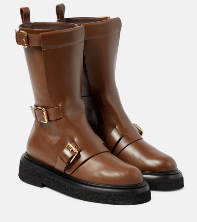 Max Mara Bucklesboot Leather Ankle Boots In Brown