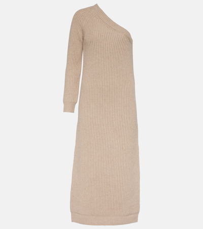 Max Mara One-shoulder Ribbed Wool And Cashmere-blend Midi Dress In Neutrals