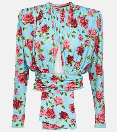 Magda Butrym Cropped Floral-print Stretch-silk Wrap Blouse In Turquoise